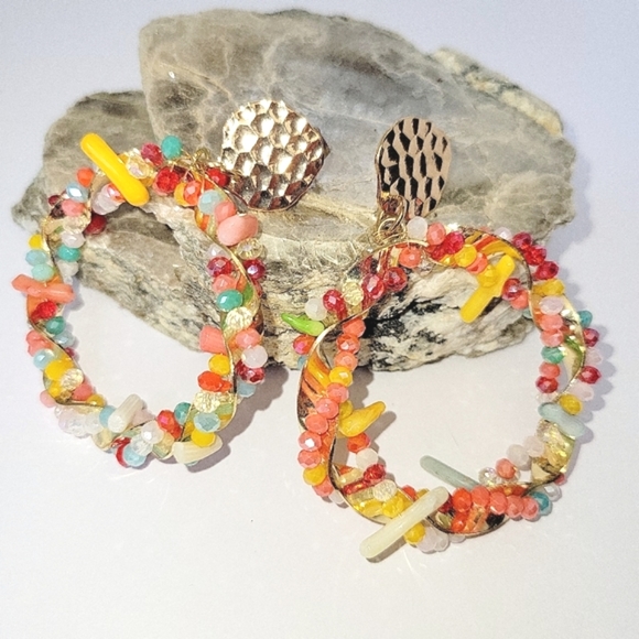 NEW! Multicolored Color Enhanced Coral & Glass Drop Hoop Earrings in Goldtone. - Picture 2 of 12